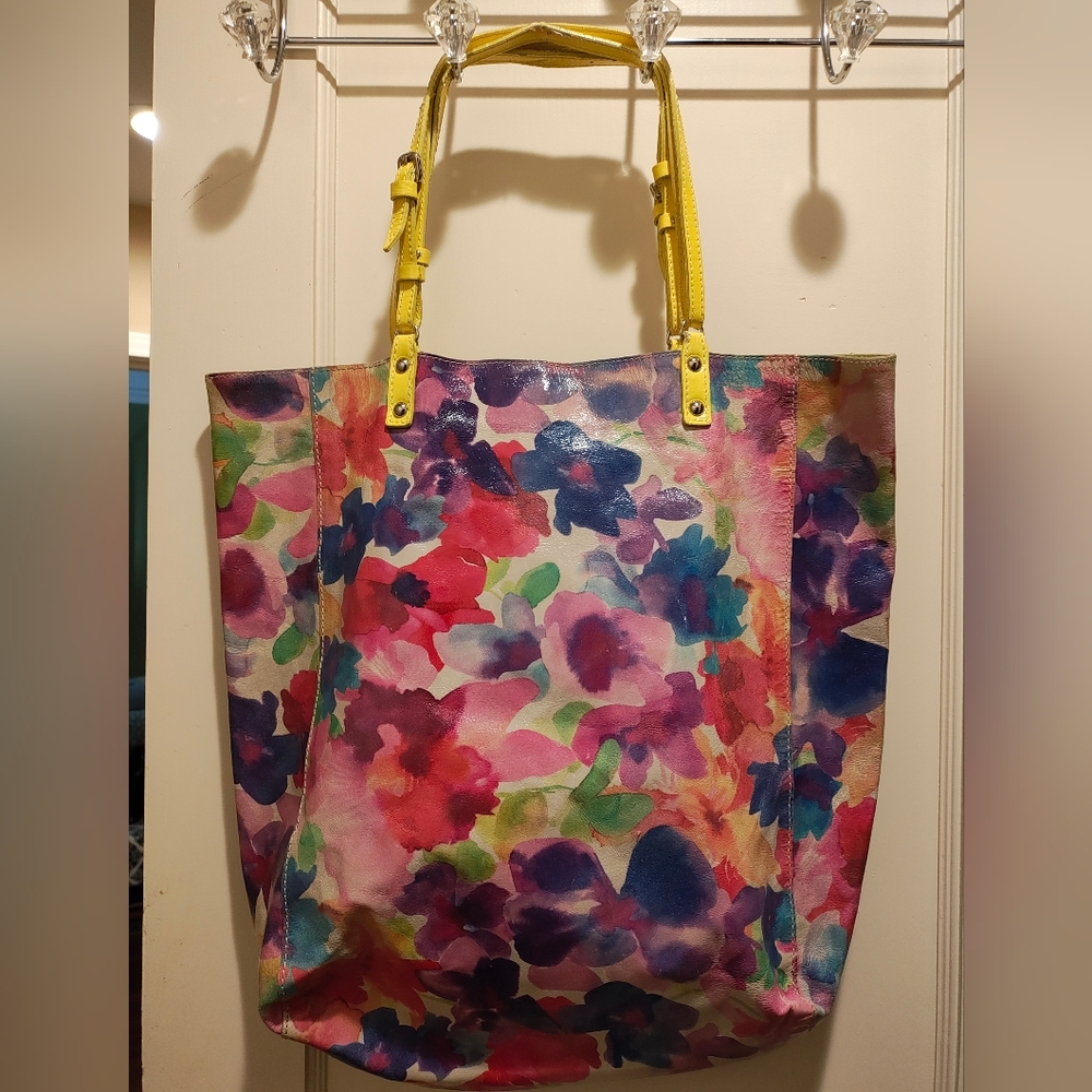 Maurizio Taiuti Leather Floral Multicolor Tote Bag with Yellow Handles